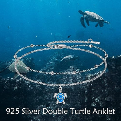 POPLYKE 925 Sterling Silver Double Layered Chain Evil Eye Daisy Sunflower Butterfly Anklets for Women Holiday Beach Crystal Ankle Bracelet Dainty Evil Eye Jewelry - style: Sea Turtle Anklet