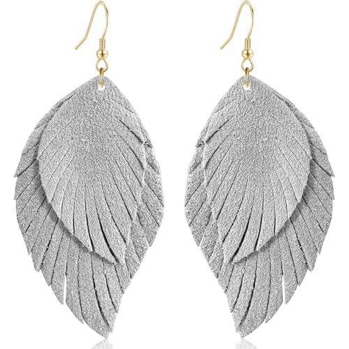 Genuine Leather Handmade Fringe Feather Lightweight Dangle Drop Earrings Teardrop Tassel Hook Earrings for Women - style: 3 Off White