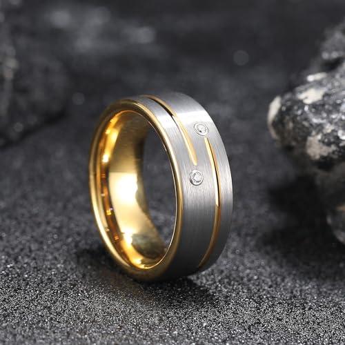 King Will Mens Tungsten Wedding Band with Cubic Zircon Inlay 7mm/8mm Flat Cut Comfort Fit Engagement Rings - color: C-Silver&Gold-8mm