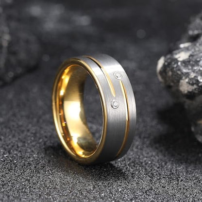 King Will Mens Tungsten Wedding Band with Cubic Zircon Inlay 7mm/8mm Flat Cut Comfort Fit Engagement Rings - color: C-Silver&Gold-8mm