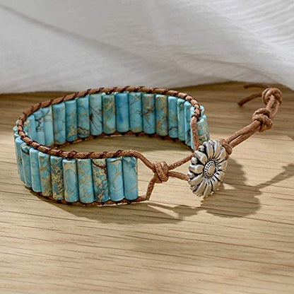 sedmart 7 Chakra Bracelets for Women with Real Stones Leather Wrap Healing Bead Bracelet Women Men Boho Friendship Jewelry - color: A4 Colorful flower button & Turquoise