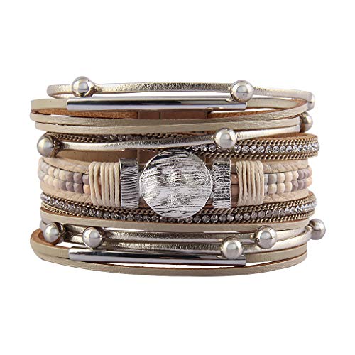 GelConnie Leather Wrap Bracelet Boho Cuff Bracelets Crystal Leather Bracelet Magnetic Multi Strand Bracelets Bohemian Bracelet Leather Wristbands Bangle Jewelry for Women Teen Wife Mother - color: LPB298-beige