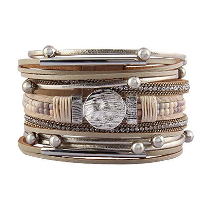 GelConnie Leather Wrap Bracelet Boho Cuff Bracelets Crystal Leather Bracelet Magnetic Multi Strand Bracelets Bohemian Bracelet Leather Wristbands Bangle Jewelry for Women Teen Wife Mother - color: LPB298-beige