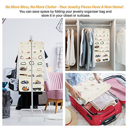 Freegrace Hanging Jewelry Organizer Revolving Hanger - Secure Zipper Closure - 25 Pockets,23 Hooks - Foldable Storage & Display Solution - For All Jewelry & Bijoux (Beige)