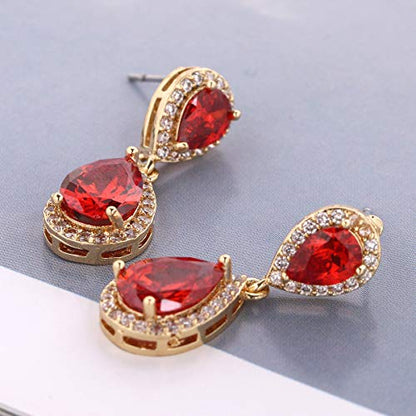 Pave Teardrop Earrings for Wedding Sterling Silver Double Pear Shaped CZ Cubic Zirconia Crystal Rhinestone Birthstone Dangle Earrings Bridal Jewelry for Bride Bridesmaids - color: Stunning Ruby