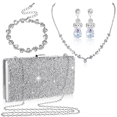 Mixweer 4 Pieces Clutch Purses Bag for Women Evening Rhinestone Jewelry Set Bling Necklace Earrings Bracelets Set for Wedding - style: Chic Style