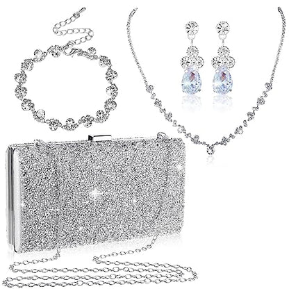 Mixweer 4 Pieces Clutch Purses Bag for Women Evening Rhinestone Jewelry Set Bling Necklace Earrings Bracelets Set for Wedding - style: Chic Style