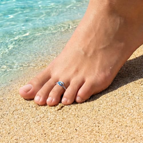 Sariel 925 Sterling Silver Toe Rings for Women Boho Adjustable Mid Finger Rings Summer Vacation Ocean Beach - color: Waves