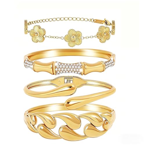 Stackable Gold Bracelets for Women - 4 Sets, 18K Gold Plated Bracelets, Stainless Steel Bangle Bracelets Non-Tarnish, Stylish Gold Jewelry Ensemble, Valentine's Day, Birthday and Christmas Jewelry Gifts - color: A5-(Gold 4Sets)