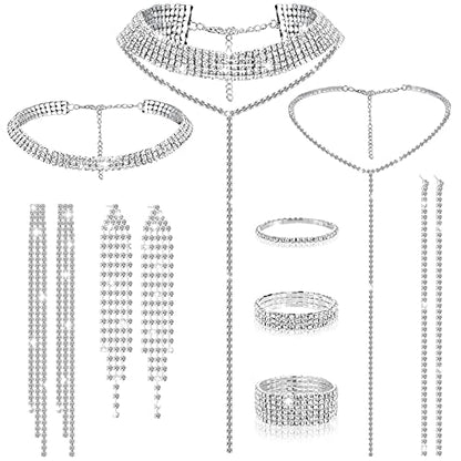 Hicarer 9 Pcs Rhinestone Jewelry Set for Women Rhinestone Necklace Bracelet Bangle Earring for Bride Wedding Party Accessory - color: Silver