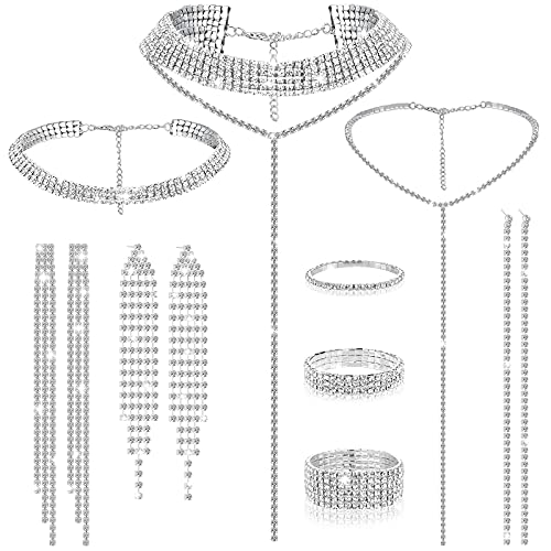 Hicarer 9 Pcs Rhinestone Jewelry Set for Women Rhinestone Necklace Bracelet Bangle Earring for Bride Wedding Party Accessory - color: Silver