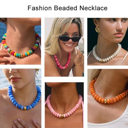 Beaded necklace for Women Boho Bead Gemstone Chunky Necklace Big Bead Necklace Fashion Trendy Summer Necklaces Jewelry Gifts - color: Light Bleu&GD Beaded
