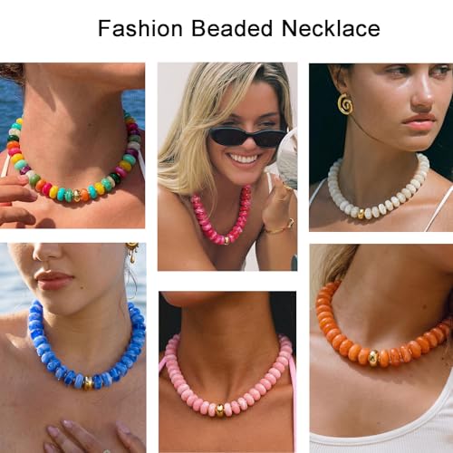 Beaded necklace for Women Boho Bead Gemstone Chunky Necklace Big Bead Necklace Fashion Trendy Summer Necklaces Jewelry Gifts - color: White&GD Beaded