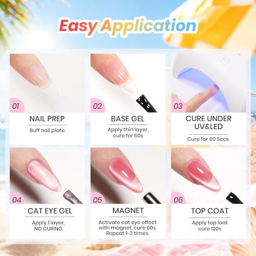 Beetles Cat Eye Gel Nail Polish Set, Saltmist Sunset 9ML 6 Colors Gel | Glitter Gel Nail Kit Yellow Blue Green Pink Purple Soak Off UV Salon DIY at Home Manicure Gift for Women - color: Saltmist Sunset