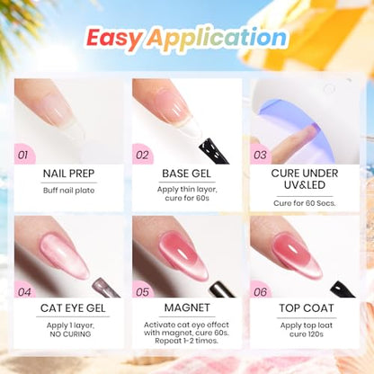 Beetles Cat Eye Gel Nail Polish Set, Saltmist Sunset 9ML 6 Colors Gel | Glitter Gel Nail Kit Yellow Blue Green Pink Purple Soak Off UV Salon DIY at Home Manicure Gift for Women - color: Saltmist Sunset