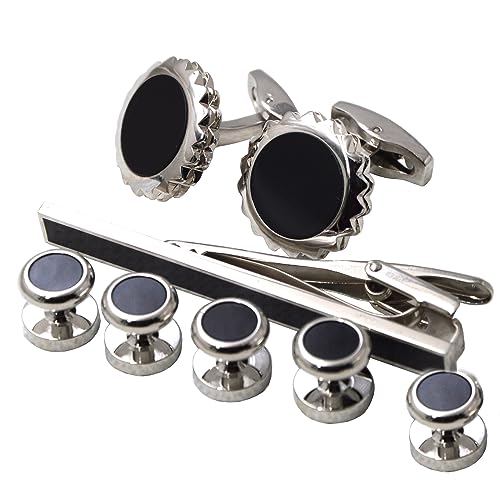 Gear Black Stone Cufflinks Set,5Pcs Studs, Collar Clips with Gift Box for Formal Tuxedo, Tuxedo Shirt, French Dress