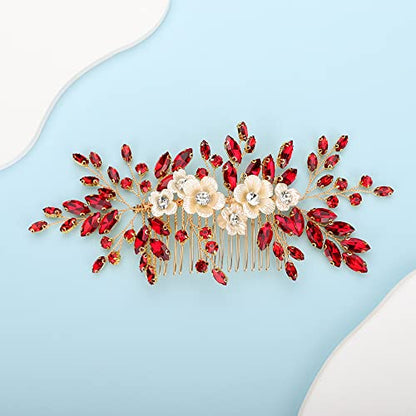 Bridal White Flower Red Crystal Rhinestone Hair Comb for Bride Bridesmaid Sliding side Headpieces Wedding Hair Accessories for Women and Girls (Red) - color: Red