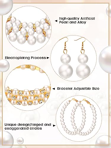 BBTO 8 Pcs Pearl Necklace and Earrings Set for Women Pearl Jewelry Set Faux Necklace Earrings Simulated Bracelets - style: Modern Style