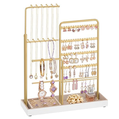 SONGMICS Jewelry Holder, Metal Frame, Velvet Tray, Pale Gold | Jewelry Storage Organizer Stand with Metal Frame, 12.1 to 18.7 Inches Tall Height Adjustable Necklace Holder for Rings - color: Pale Gold