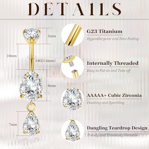 14G G23 Pure Titanium Dangle Belly Button Ring for Women Dangling CZ Navel Ring Teardrop Curved Barbell Belly Rings Internally Threaded Belly Piercing Jewelry - color: Gold