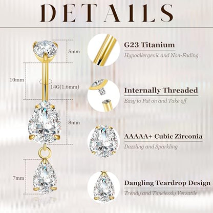 14G G23 Pure Titanium Dangle Belly Button Ring for Women Dangling CZ Navel Ring Teardrop Curved Barbell Belly Rings Internally Threaded Belly Piercing Jewelry - color: Gold