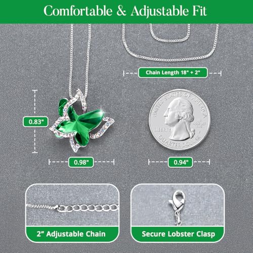 Butterfly Necklace, Birthstone Crystal, for Women, Silver Tone Pendant Jewelry, Anniversary Birthday Gift for Her, Wife & Mom, 18"+2" - color: 05-May Birthstone - Emerald Green Crystal