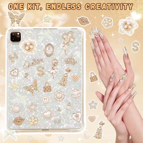 RidaaFri Junk Phone Case Kit Charms, Gold Flatback 3D Charms Set, | Big Charms with Pearls Rhinestone Gems Butterfly Bow Heart for DIY Case Craft Accessories, Phone Supplies for Women Adult - color: Gold