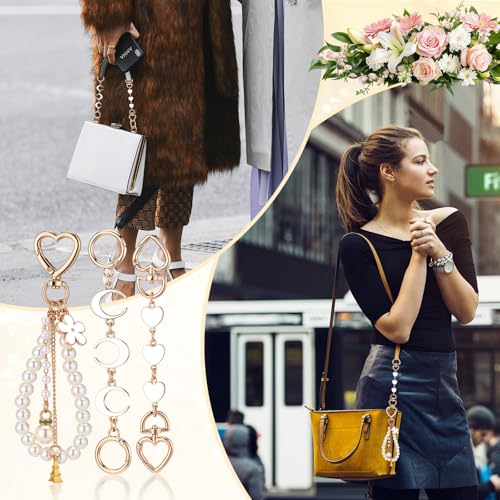 Sureio 5 Pcs Bag Extender Chain Pearl Purse Chain Ribbon Bow Keychain Extender Bag Strap Purse Charms Accessories for Handbag - color: Gold and White