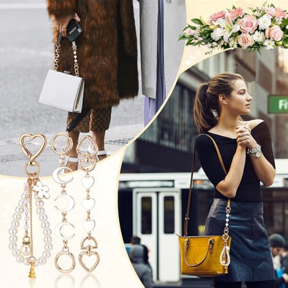 Sureio 5 Pcs Bag Extender Chain Pearl Purse Chain Ribbon Bow Keychain Extender Bag Strap Purse Charms Accessories for Handbag - color: Gold and White