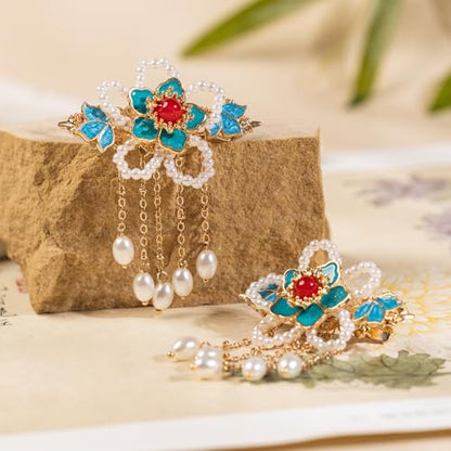 A Pair Wedding Hair Clips, Handmade Floral Design Crystal Hair Clips Pearl Barrettes, Rhinestones Flower Clips Pearl Headpieces Hair Pins Hair Accessories for Women Girls (Blue&White Flower) - color: Blue&White Flower