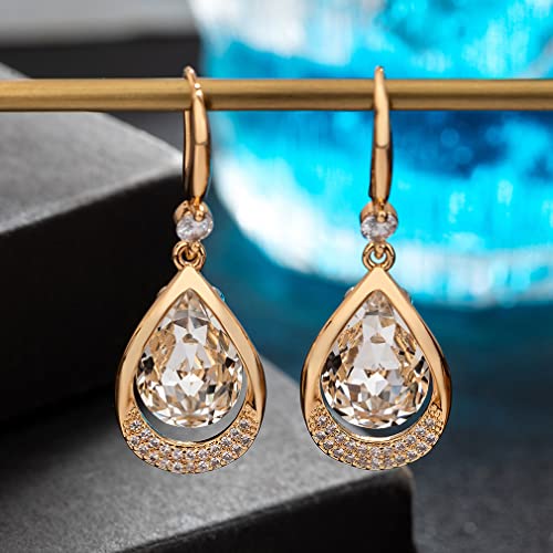 Austrian Crystal Halo Teardrop Hollow Drop Dangle Earrings for Women 14K Rose Gold Plated Hypoallergenic Jewelry Gifts - color: Clear White