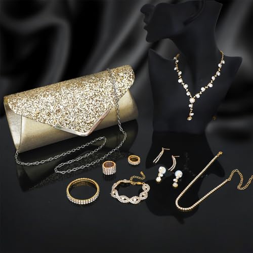 NEWITIN Purse Rhinestone Jewelry Set for Women Prom Jewels Crystal Clutch Purse Necklaces Rings Bracelets Earrings Gold Silver Jewelry Set for Women Bride - color: 11 Pieces Gold