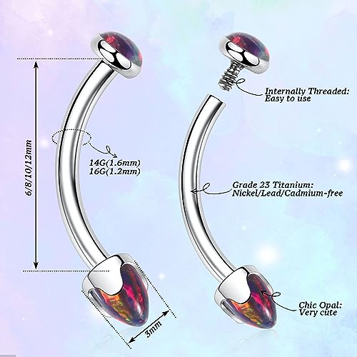 G23 Titanium Eyebrow Piercing Jewelry Eyebrow Rings Curved Barbell 16G Eyebrow Belly Button Ring Navel Rings Rook Daith Earrings Lip Ring Eyebrow Jewelry 6mm-12mm - color: 2PCS,Disc Shape+Cone Shape Black Opal,Silver