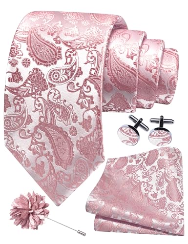 GUSLESON 3.15"（8cm） Mens Paisley Tie and Lapel Pin Necktie Hankerchief Cufflinks Set for Men - color: Dusty Rose