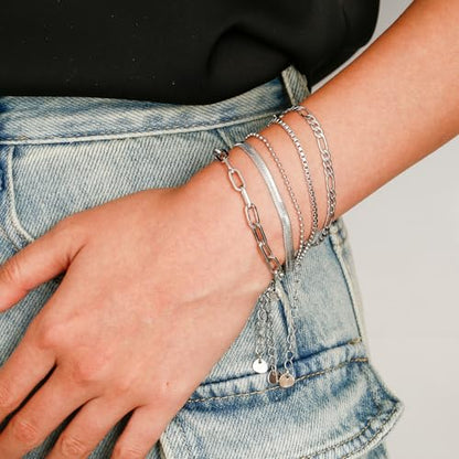 Gold Bracelets Set for Women, Dainty Stackable Layered Bracelet | 14K Gold Plated Adjustable Waterproof Non-Tarnish Paperclip & Curb Link Chain Jewelry Sets Gifts - color: White Gold