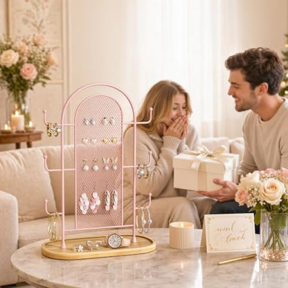 bussdis Jewelry Holder Organizer Earring Display - Earring Storage Tree Stands Towers With 6 Hooks 300 Studs Wood Tray Pink Metal Rack - color: Pink
