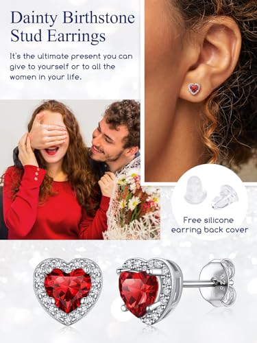 Suplight 925 Sterling Silver Birthstone Stud Earrings for Women, Round/Heart/Teardrop/Square Crystal Diamond Earrings for Women, Dainty Birthday Gifts Jewelry - color: style b-01. heart-January (Created Garnet)