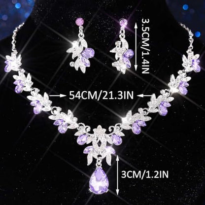 Rhinestone Bridal Wedding Jewelry Sets Gold Necklace Earrings Set Leaf Prom Formal Costume Jewelry Set for Women and Brides - color: Purple