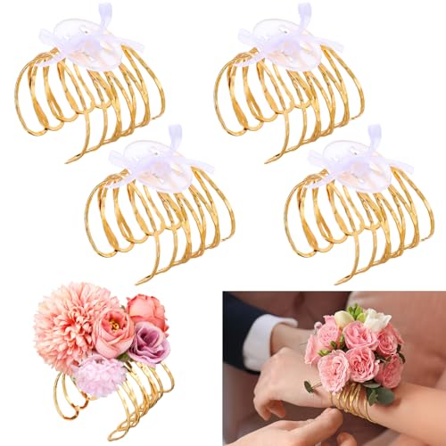 Hotop 4 Set Hammered Textured Gold Corsage Wrist Bracelet Bands Bride Bracelet Adjustable Wrist Corsage DIY Wedding Wristband Accessory for Bridal Party Prom - color: Gold, style: Hammered Textured