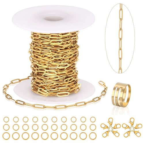 23 Ft Gold Chain for Jewelry Making, 18K Gold Plated Stainless Steel Oval Paperclip Chain Roll with 10 Lobster Clasps 30 Jump Rings 1 Opening Closing Tool for DIY Charm Necklaces Bracelets Women Men