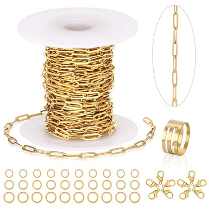 23 Ft Gold Chain for Jewelry Making, 18K Gold Plated Stainless Steel Oval Paperclip Chain Roll with 10 Lobster Clasps 30 Jump Rings 1 Opening Closing Tool for DIY Charm Necklaces Bracelets Women Men