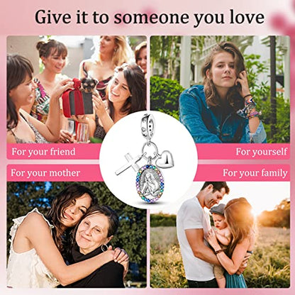 Hapour 925 Sterling Silver Charm for Bracelet Necklace Women Pendant Beads | Virgin Mary Charm, Religious Cross Heart Dragon European Jewelry Mom Charm - color: The Virgin Mary and Cross