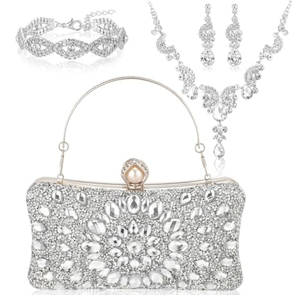 Quelay 4 Pcs Purse Rhinestone Jewelry Set Women | Wedding Bridal Prom Jewelry Sparkly Clutch Handbag with Necklace Bracelet Dangle Earrings Shiny Costume Kit - color: Silver, style: Sparkly