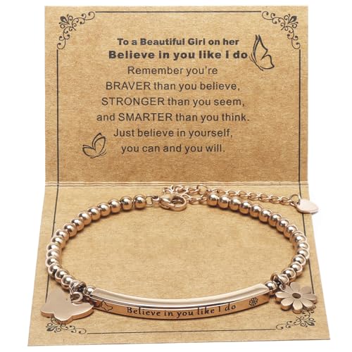 DS Inspirational Bracelet for Women Christian Engraved Bibler Verse Cross Butterfly Daisies Charm Bracelet, Exquisite Stainless Steel Jewelry Daughter Best Friend Bestie - style: Believe in you like i do-Rose Gold