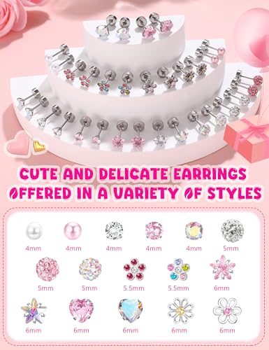 THUNARAZ 16 Pairs Hypoallergenic Earrings for Girls Kids Stud Earrings Set | Surgical Stainless Steel, Sensitive Ears Friendly, 20G Heart Flower Ball Stud Earrings Set for Girls and Kids - style: Flat Back