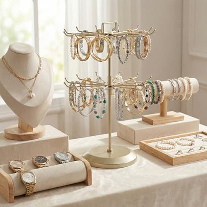 MyGift Brass Metal Rotating Jewelry Stand with 24 Hooks, 2 Tier | Stores Necklaces, Bracelets, Earrings, Keychains & Accessories with Smooth 360° Rotating Display Design - color: Brass (2 Tier)
