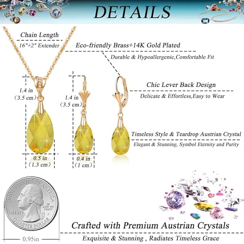 Austrian Crystals Teardrop Pendant Necklace Earrings for Women 14K Gold Plated Hypoallergenic Leverback Drop Dangle Earrings Jewelry Set - color: Yellow