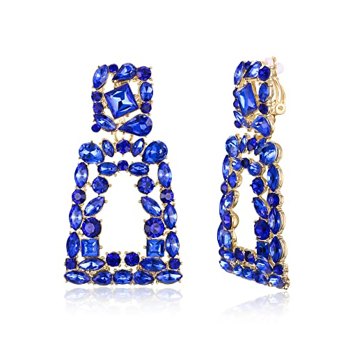 Flyonce Rectangle Clip-on Drop Earrings for Women, Sparkly Rhinestone Crystal Geometric Statement Non Pierced Earring Wedding Prom Party Jewelry for Brides Bridesmaid - color: Blue