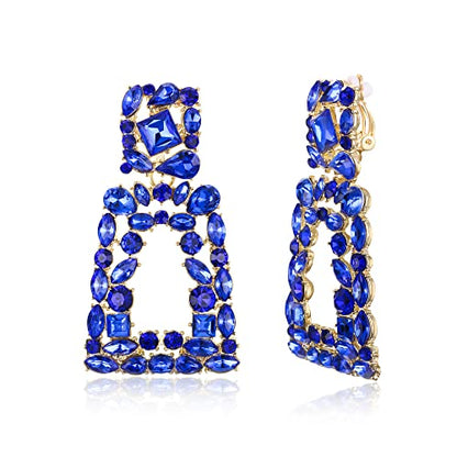 Flyonce Rectangle Clip-on Drop Earrings for Women, Sparkly Rhinestone Crystal Geometric Statement Non Pierced Earring Wedding Prom Party Jewelry for Brides Bridesmaid - color: Blue