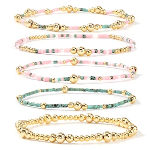 Gold Bracelets for Women, Beaded Cross Stack, Non Tarnish Set，Set-1 | Gold Beaded Bracelet Stack with Stretch Fit, Waterproof Finish and Dainty Design for Everyday Wear and Gifts - color: Colors-4